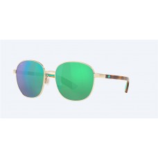 Costa Egret Sunglasses Shiny Gold Frame Green Mirror Polarized Glass Lense